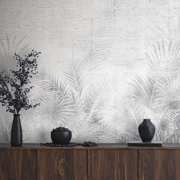 Grey and white wallpaper with palm leaves Wall murals Grey and white wallpaper with palm leaves