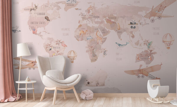 Map of the world with animals Wall murals Map of the world with animals
