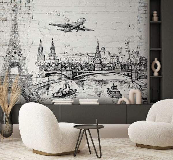 Drawing of a city and a bridge Wall murals Drawing of a city and a bridge