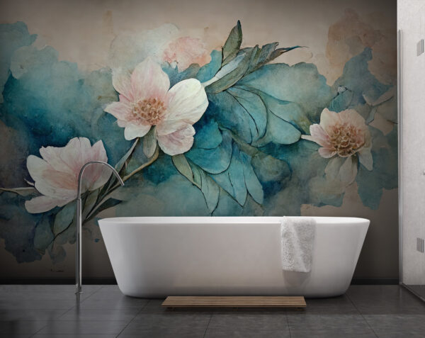Floral watercolors on teal background Wall murals Floral watercolors on teal background
