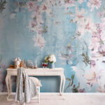 Wall murals Soft florals dance on sky blue.