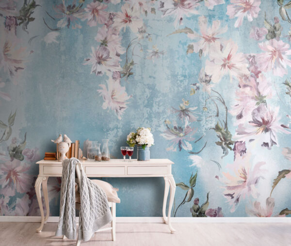 Soft florals dance on sky blue Wall murals Soft florals dance on sky blue