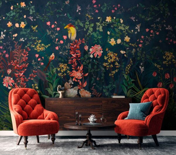 Wall mural Wall mural Floral paradise with vibrant birds (SKU: u74744)