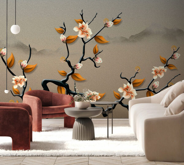 Blooming branches in serene landscape Wall murals Blooming branches in serene landscape