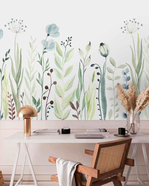 Watercolor painting of flowers and leaves Wall murals Watercolor painting of flowers and leaves