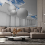 Wall murals White room with white walls and white balls