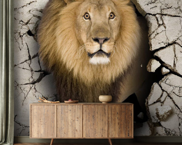 Lion walking through a crack wall Wall murals Lion walking through a crack wall