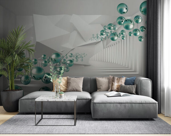 Wall murals Floating spheres in geometric hallway
