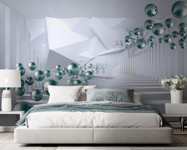 Floating metallic spheres in abstract hallway Wall murals Floating metallic spheres in abstract hallway