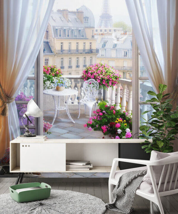 Wall murals Serene Parisian balcony with flowers (SKU: u79425) Wall murals Wall murals Serene Parisian balcony with flowers (SKU: u79425)