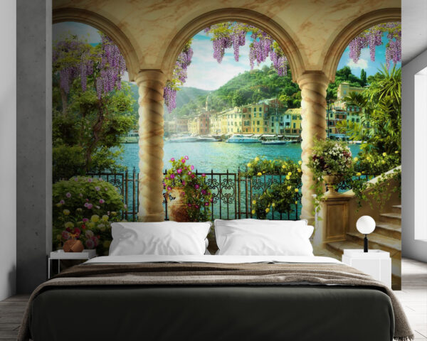 Wall mural Colorful garden overlooking the harbor