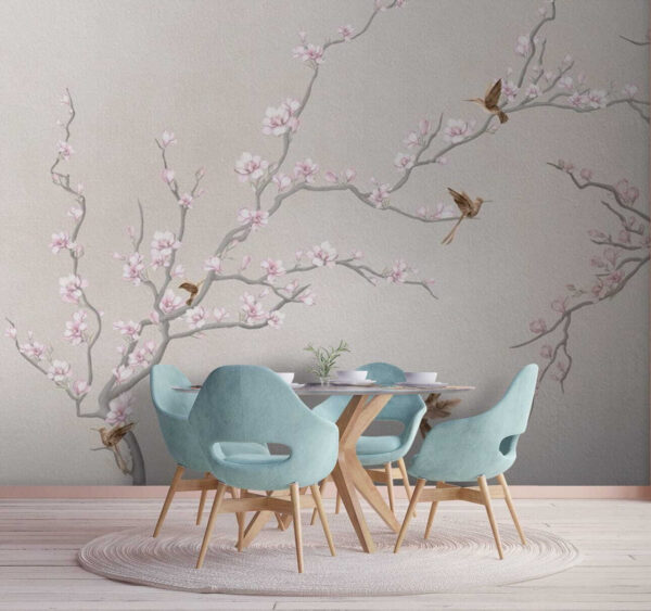Birds perched on blossoming branches. Wall murals Birds perched on blossoming branches.
