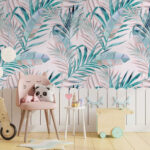 Wall murals Pattern of leaves on a pink background