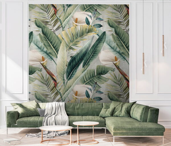 Pattern of green leaves and flowers Wall murals Pattern of green leaves and flowers
