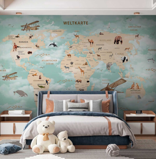 Map of the world with animals Wall murals Map of the world with animals