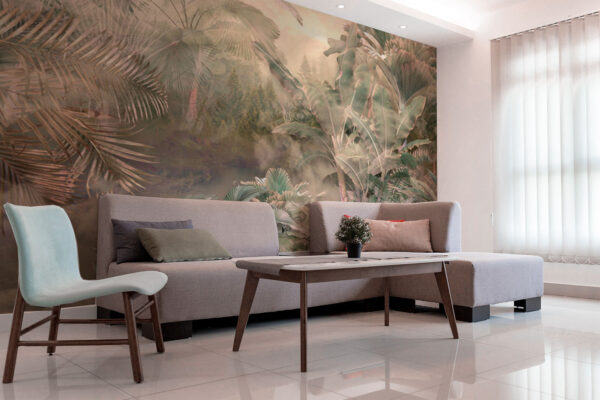 Foggy forest with trees and plants Wall murals Foggy forest with trees and plants