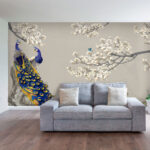 Wall murals Majestic peacocks among blossoming branches.