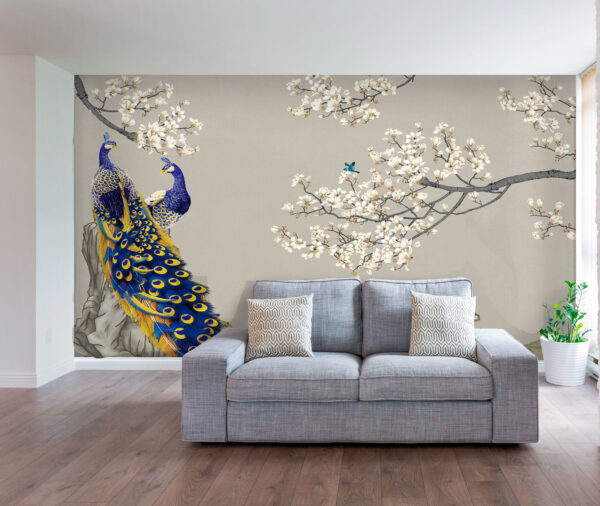 Majestic peacocks among blossoming branches Wall murals Majestic peacocks among blossoming branches