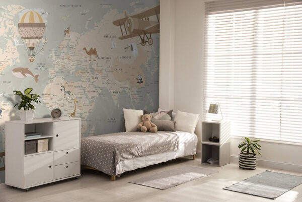 Map of the world with airplanes and hot air balloons Wall murals Map of the world with airplanes and hot air balloons