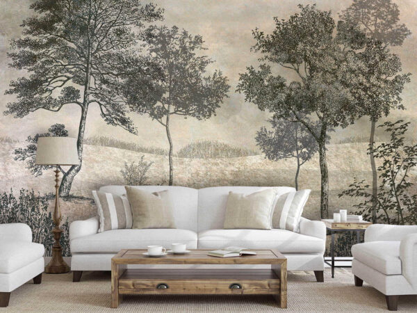 Etched trees in serene landscape Wall murals Etched trees in serene landscape