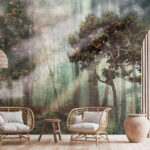 Wall murals Foggy forest with trees and fog