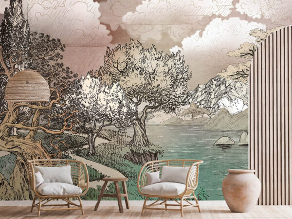 Landscape with trees and a lake Wall murals Landscape with trees and a lake
