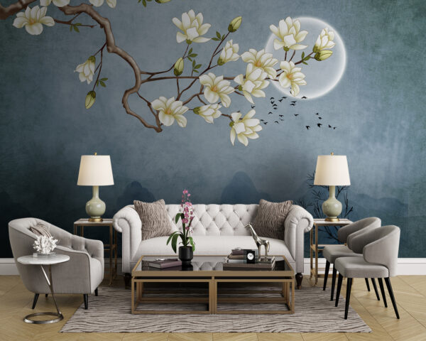 Painting of a tree branch with white flowers Wall murals Painting of a tree branch with white flowers