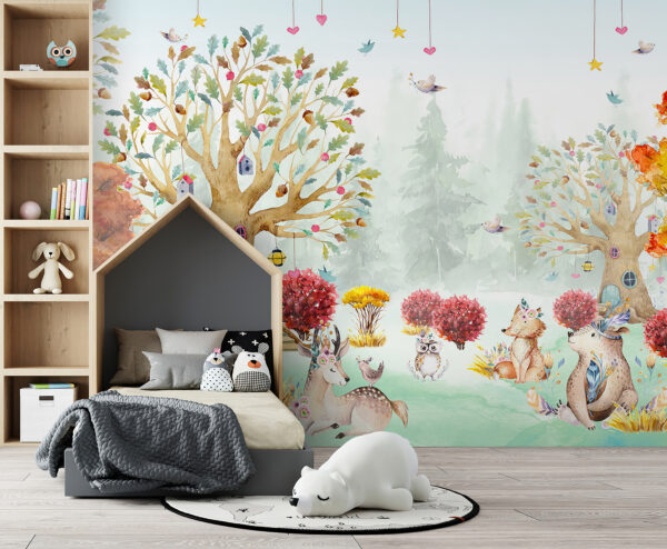 Watercolor painting of animals in a forest Wall murals Watercolor painting of animals in a forest