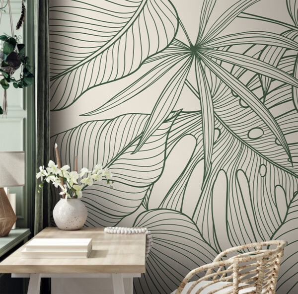 Wall mural Wall mural Green leaves with intricate line patterns (SKU: u98420)