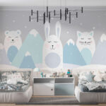 Wall mural White cat with a blue circle and pink dots
