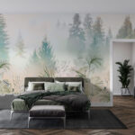 Wall murals Misty forest with lush greenery