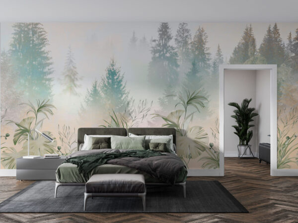 Wall murals Misty forest with lush greenery