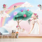 Wall murals Unicorns and rainbows in magical scene.
