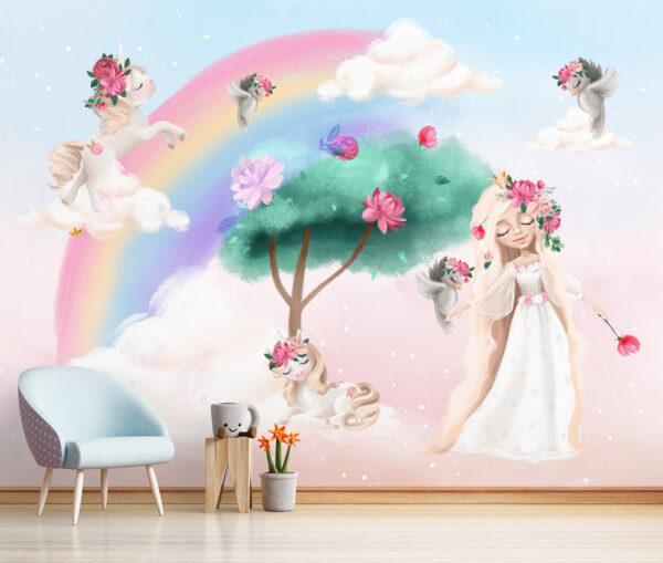 Unicorns and rainbows in magical scene Wall murals Unicorns and rainbows in magical scene