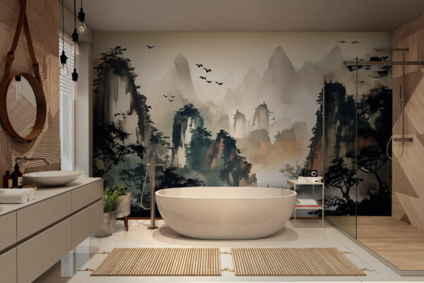 Painting of trees and mountains Wall murals Painting of trees and mountains