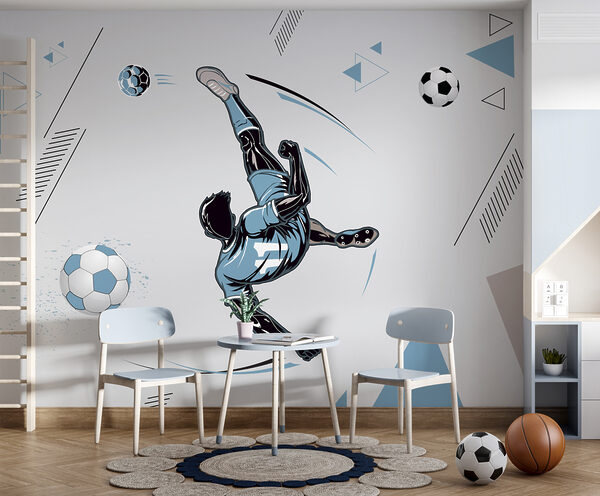 Wall murals Wall murals Soccer player in mid-air kick. (SKU: u98736)