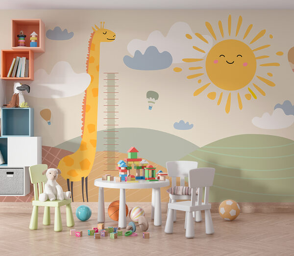 Giraffe measuring the height of a child’s height Wall murals Giraffe measuring the height of a child’s height