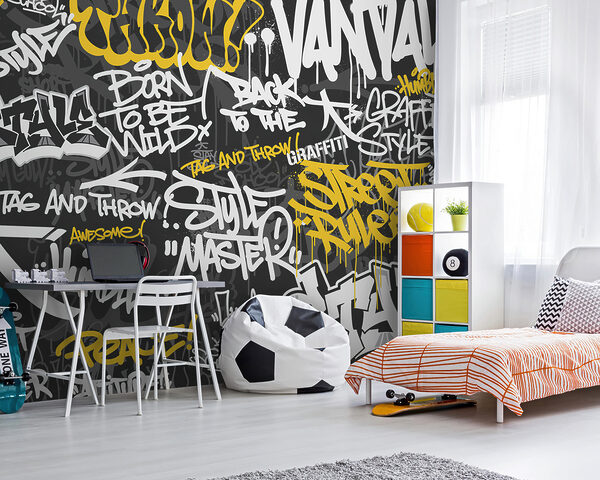 Yellow graffiti on a black background Wall murals Yellow graffiti on a black background