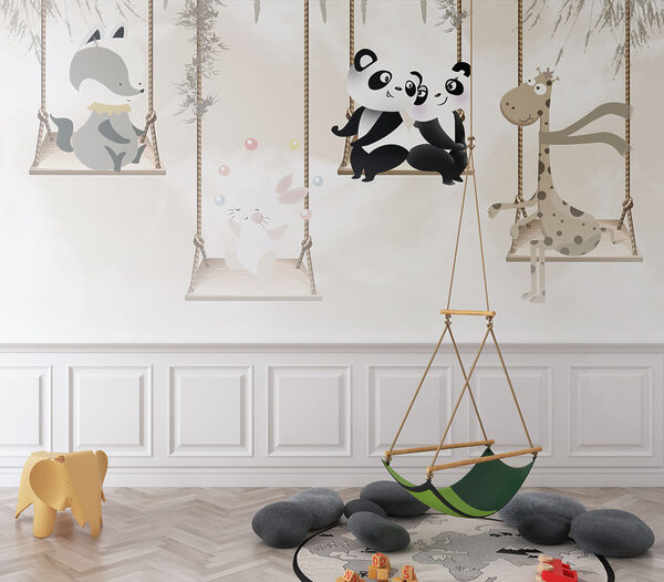 Couple pandas sitting on a swing Wall murals Couple pandas sitting on a swing