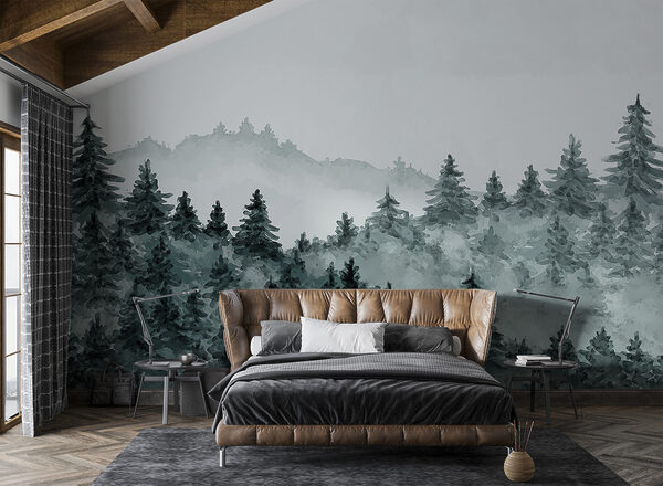 Misty forest with evergreen trees Wall murals Misty forest with evergreen trees