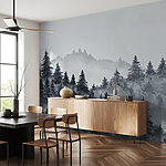 Wall mural Misty forest with evergreen trees