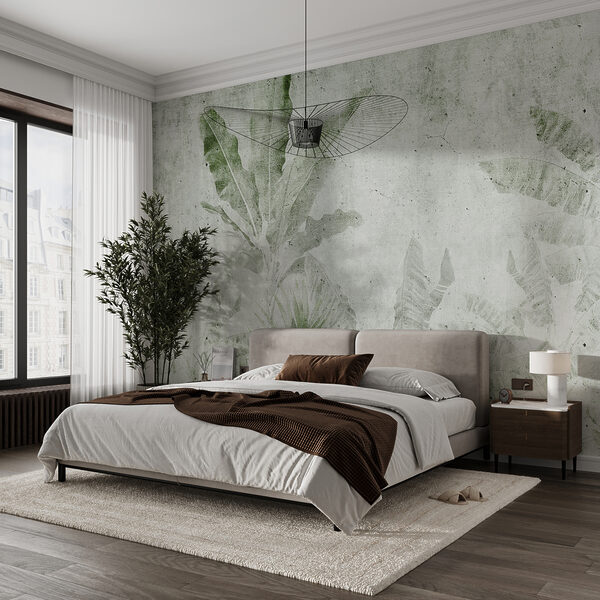 Textured tropical leaves on concrete background Wall murals Textured tropical leaves on concrete background