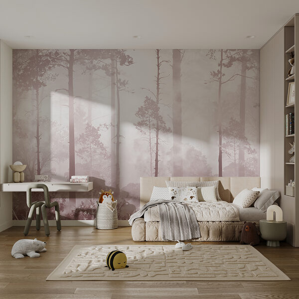 Wall mural Foggy forest with tall trees