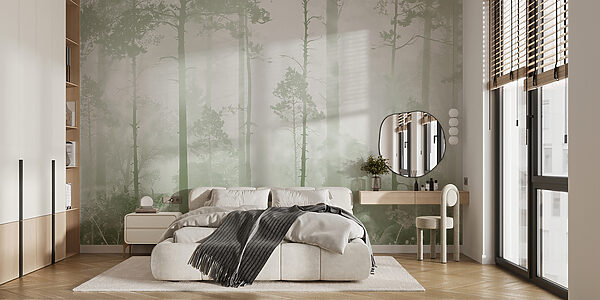 Wall mural Foggy forest with tall trees
