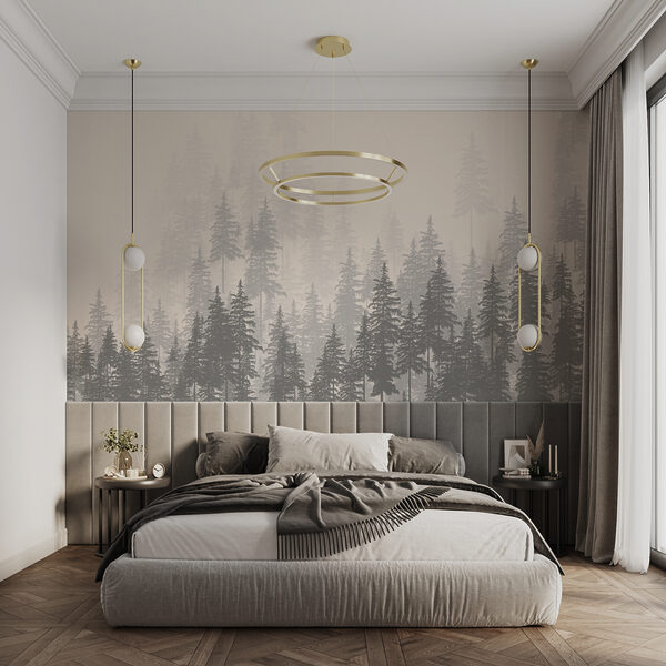 Group of trees in a foggy forest Wall murals Group of trees in a foggy forest