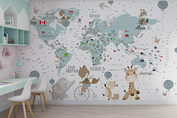 Map of the world with animals Wall murals Map of the world with animals
