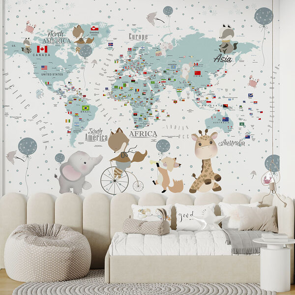 Wall mural Map of the world with animals