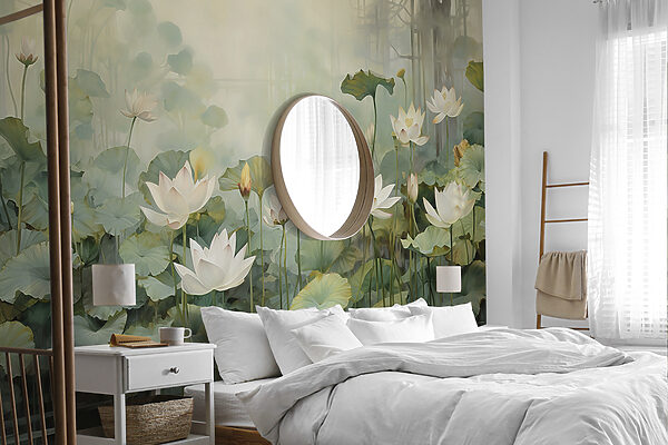 Serene pond with floating blossoms Wall murals Serene pond with floating blossoms