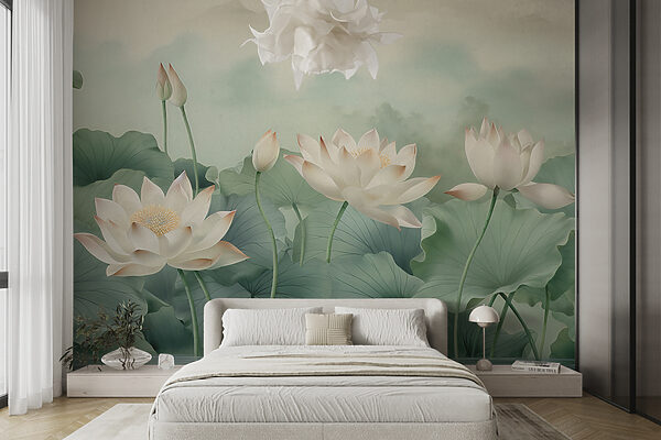 Serene lotus blooms with lush leaves Wall murals Serene lotus blooms with lush leaves
