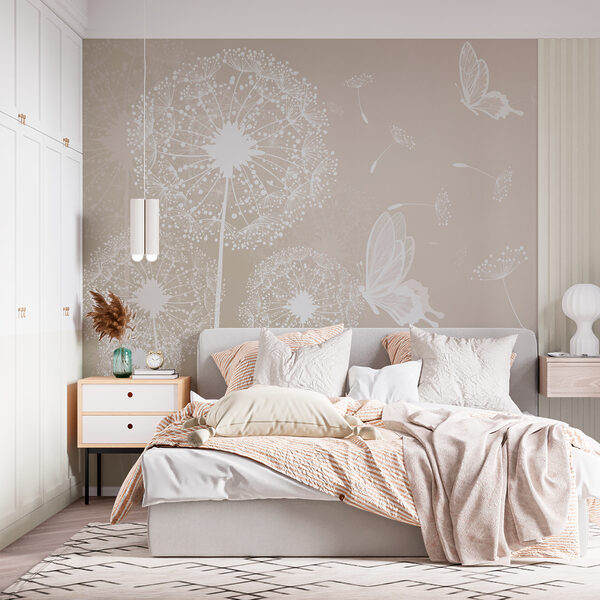 White dandelions with butterflies flying Wall murals White dandelions with butterflies flying